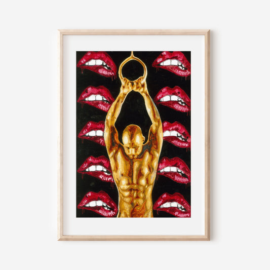 This image features a striking piece of art titled "Queer Lips," presented in a Giclée print format. The artwork depicts a male nude figure, stylized with exaggerated, eroticized features such as prominent lips and a contorted pose, set against a dark background.