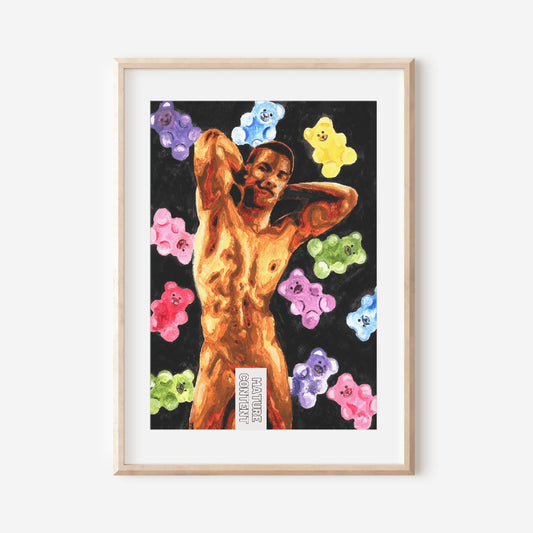 This image features a vibrant and colorful art print titled "Gummy Bear," which portrays a nude male figure adorned with the playful and erotic likeness of gummy bears. The artwork is rendered in a striking watercolor style, with bold outlines and a lively color palette that includes shades of pink, blue, green, and yellow.