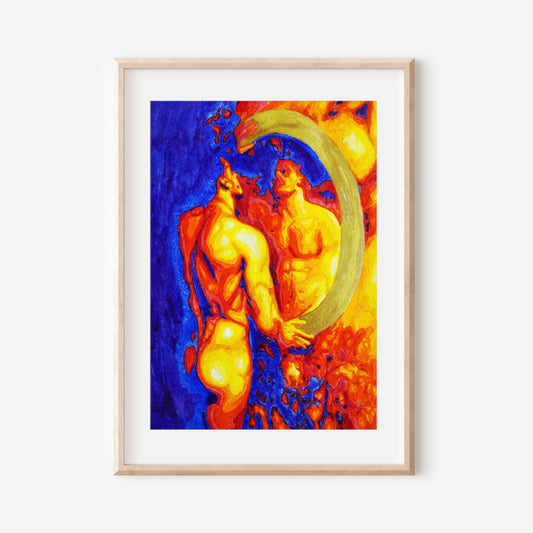 This image features a striking print titled "Self Reflection," showcasing a vibrant and abstract depiction of a nude male figure. The artwork is characterized by bold, warm colors and an expressive use of light and shadow, creating a sense of movement and emotion.