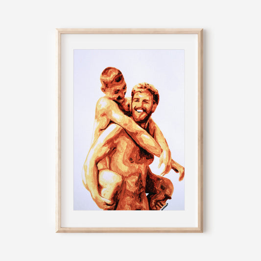 This image features a compelling Giclée print of an original painting, presented in a simple, elegant frame. The artwork captures the intimate and erotic interaction of two nude male figures, highlighting a moment of connection and vulnerability.