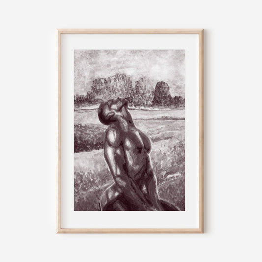 This image features a framed art print titled "Love Blossoms 2," a same-sex garden romance print. The artwork is in bold black and white, depicting a stylized, erotic portrayal of a figure in a contemplative pose, set against a softly lit, natural background.
