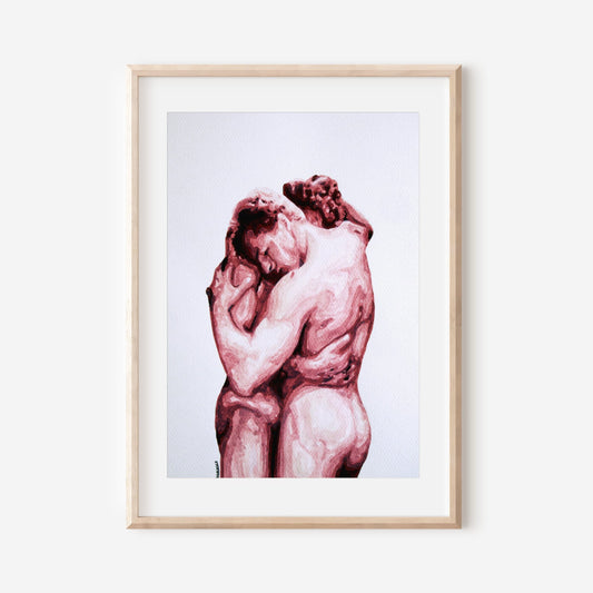 A framed art print featuring a watercolor style illustration of a nude male couple in an intimate embrace.