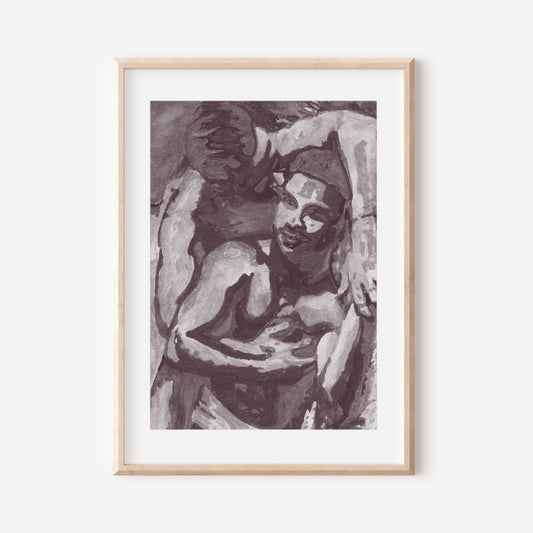 This image features a striking black and white art print titled "Morning Kiss," which depicts a male figure in a contemplative and sensual pose. The print is rendered in soft, muted tones, emphasizing the artistic and erotically charged nature of the subject.
