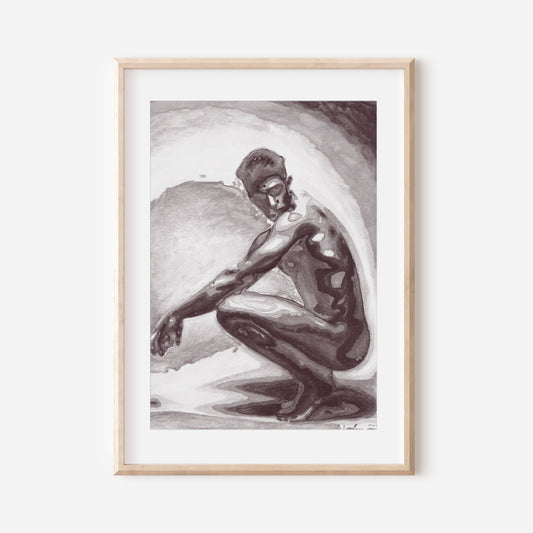 This image features a striking black and white print titled "Male at Sunset," which portrays a nude male figure in a kneeling position, surrounded by a blurred, ethereal background. The artwork is rendered in a soft, impressionistic style, emphasizing the play of light and shadow across the figure's muscular form.
