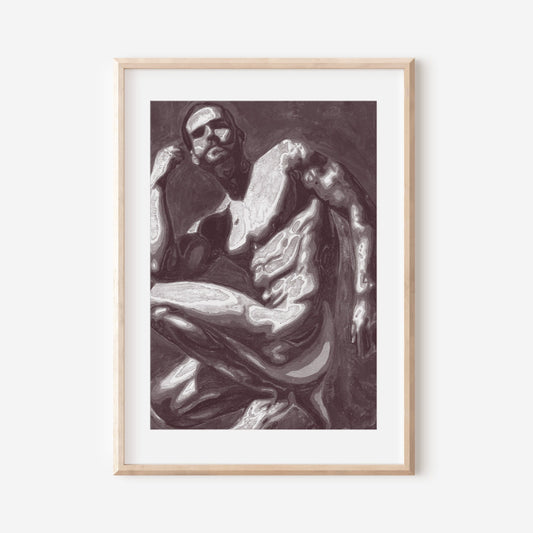 This print depicts a male figure seated in a thoughtful, contemplative pose, with a focus on the play of light and shadows across the figure's muscular and smooth contours.