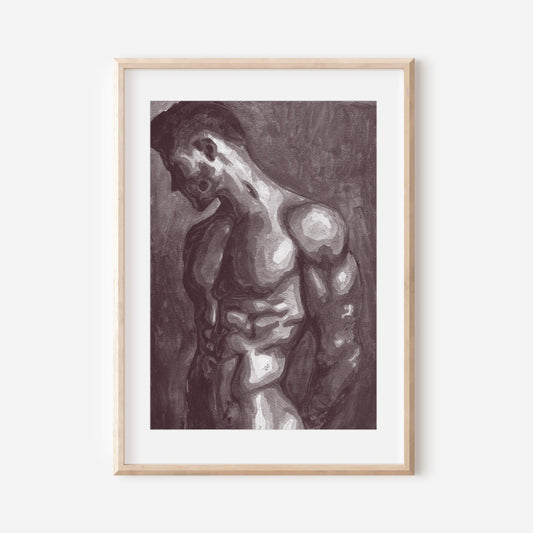 This image features a striking black and white art print titled "Made with Coffee (B&W)." It depicts an elegant, minimalist painting of a male figure, highlighting the play of light and shadows across the human form.