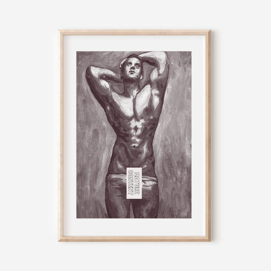This image features a striking black and white art print titled "Male form (B&W)," which portrays a nude male figure in a contemplative and elegant pose. The artwork is highlighted by its contrasting light and shadow, emphasizing the muscular texture and form of the figure.