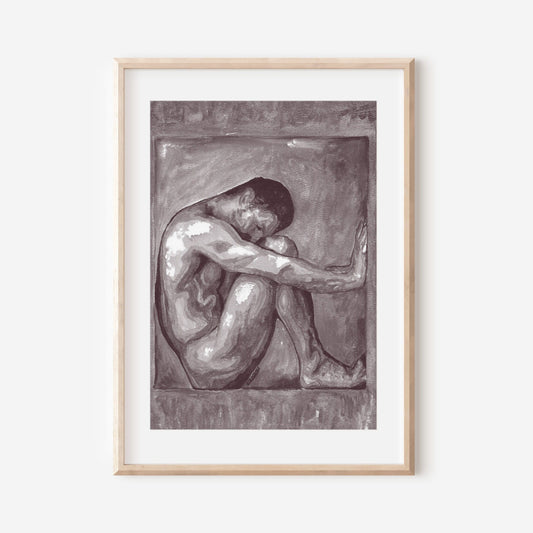 This image displays a striking Giclée print titled " Inside a Cube," featuring an original black and white watercolor painting. The artwork captures the somber yet powerful pose of a male figure enshrined within a geometric, cubic structure.