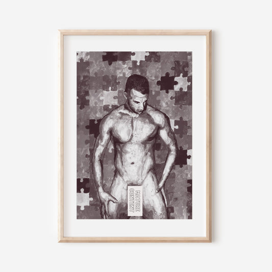 This image features a striking Giclée print titled "Jigsaw Model," presented in a mature and erotic theme. The artwork depicts a male figure, portrayed in a monochrome palette with colorful, jigsaw-like puzzle pieces overlaying his torso.
