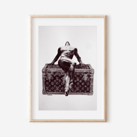 The image depicts a framed black and white print of a nude male figure sitting on a surface, with the figure's hands resting on the object. The artwork is presented in a simple, elegant frame with a white matte border, enhancing its modern aesthetic.