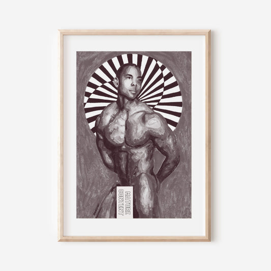 This image features a striking limited edition photo of a nude male, presented in a black and white color scheme that enhances the artistic details. The subject is depicted in a dynamic, circular frame with a background pattern, adding to the visual impact.
