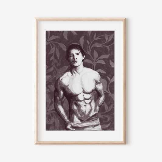 This image features a framed art print titled "Nude in Bathroom," showcasing a male nude figure depicted in a contemplative pose with a towel draped over his shoulders. The artwork is characterized by its monochrome palette and detailed depiction of the figure, emphasizing muscular tones and facial features.