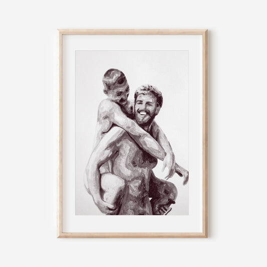 This image features a striking black and white print titled "Passion (B&W)," which depicts a nude male figure in a sensual and artistic pose. The print captures the play of light and shadows across the figure's muscular form, highlighting the contours and texture of the human body in a tasteful and evocative manner.