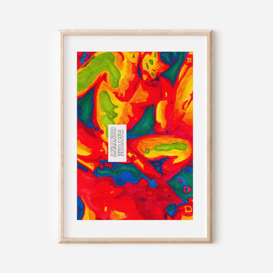 This image features a striking art print titled "Deep," which is a limited edition Giclée reproduction of an original painting. The artwork displayed is a modern watercolor painting characterized by vibrant, swirling hues of red, blue, green, and yellow, creating a sense of movement and energy.