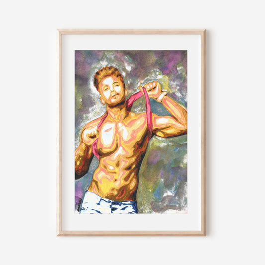 This image features a striking Giclée print titled "Metallic colours," showcasing an artistic depiction of a nude male figure. The figure is presented in a dynamic and colorful pose, with a background that includes swirls of vibrant purple and pink hues, suggesting a queer erotic art theme.