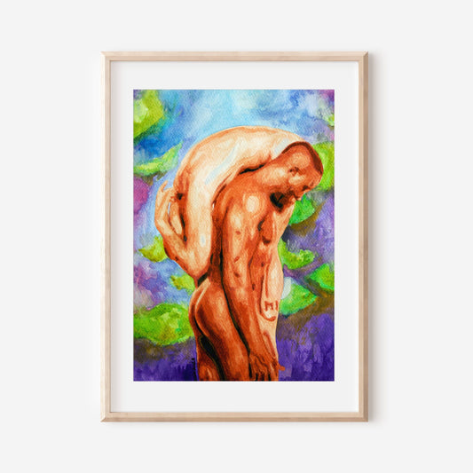 This image features a stunning hand-made watercolor print titled "Carrying Me," depicting an intimate and romantic scene of a same-sex couple. The artwork is rich in vibrant colors and striking imagery, capturing a moment of vulnerability and strength.