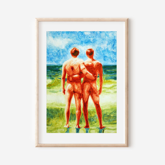 This image features an art print titled "Romantic Moment (B&W)," depicting a vibrant and sensuous scene of a nude male couple on a beach. The artwork is rendered in bold colors, emphasizing the play of light and shadow across the figures, which are highlighted by their contrasting red and blue tones.