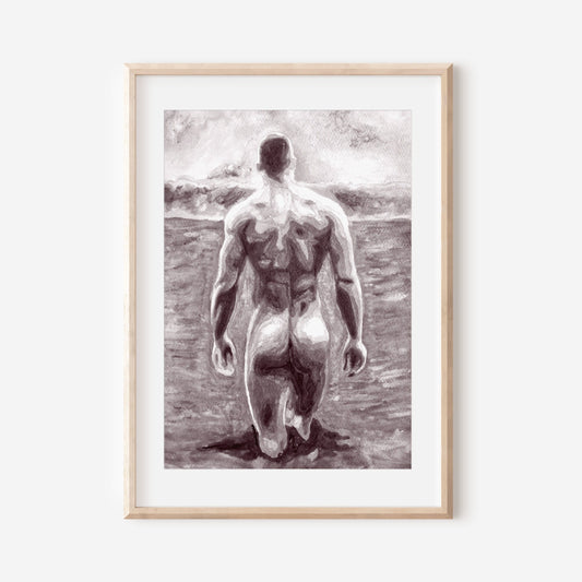 Black and white artwork of a nude male figure standing on a beach with a blurred background.
