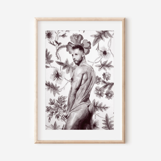 This image features a striking black and white print titled "Male from Behind," showcasing a nude male figure depicted with delicate, vibrant spring flowers. The artwork combines a sensual male figure with an elegant floral backdrop, creating a captivating and visually appealing piece.