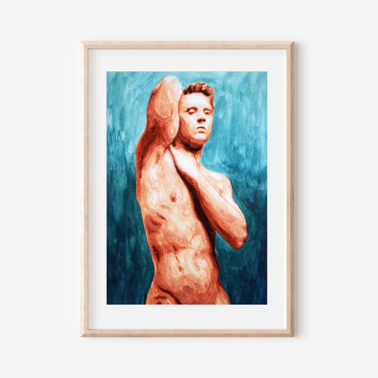 This image features a striking art print titled "Masculine Nude Male Gay Art Print." It showcases a vibrant and detailed depiction of a male figure, rendered in a blend of warm and cool hues that highlight the contours and muscular texture of the human form.