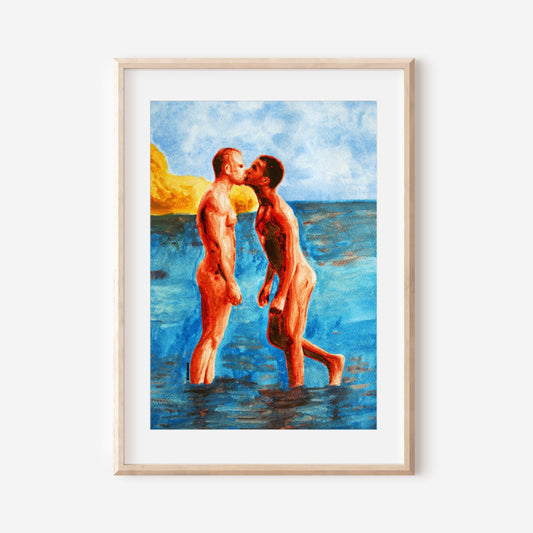 This image features a captivating art print titled "Love on the Beach 2," depicting a sensual nude gay couple kissing on a beach. The vibrant painting captures the essence of love and intimacy, with bold strokes and a clear, bright color palette that enhances the emotional depth of the scene.