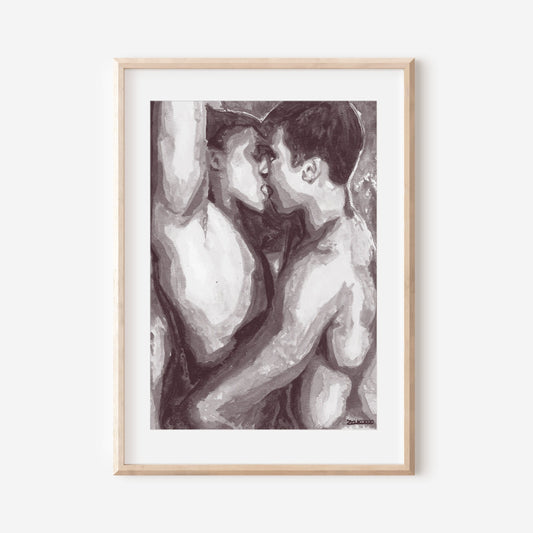 This image features a striking black and white watercolor print of a gay couple kissing. The artwork captures the intimate moment with soft, minimalist lines and a monochromatic palette, emphasizing the emotional depth of the scene.