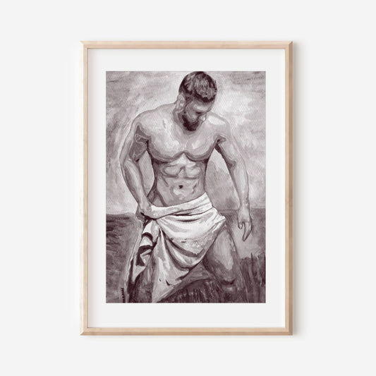 This image displays a striking art print featuring a monochrome depiction of a male figure. The artwork is rendered in bold black and white tones, emphasizing the contours and muscular texture of the figure's torso and arms.